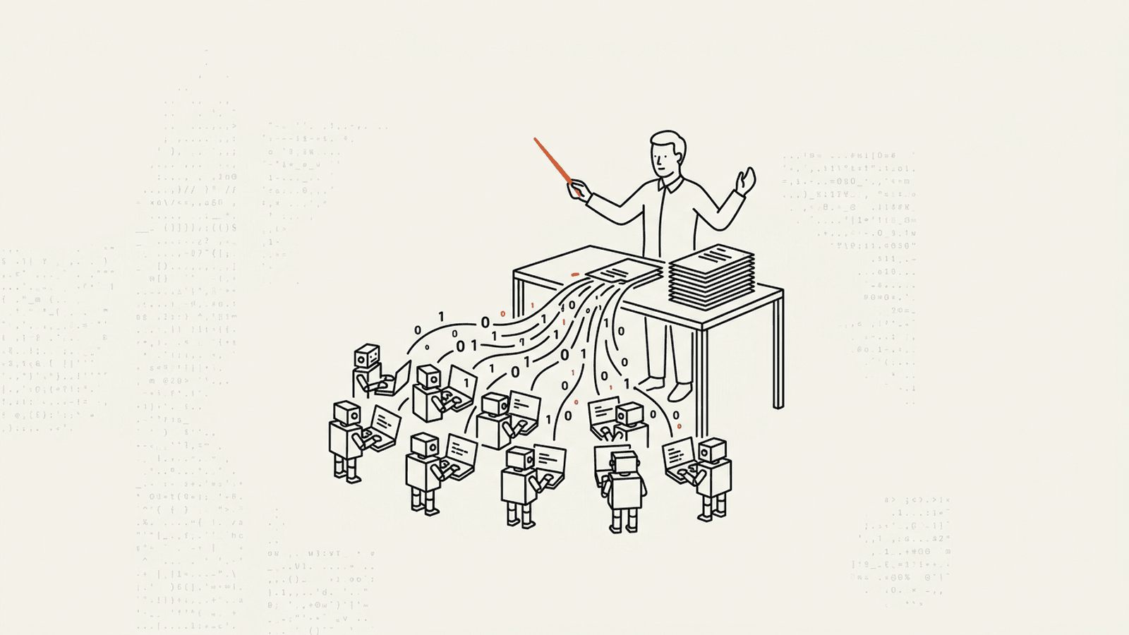 Editorial illustration: an orchestrator directing a swarm of Gemini workers