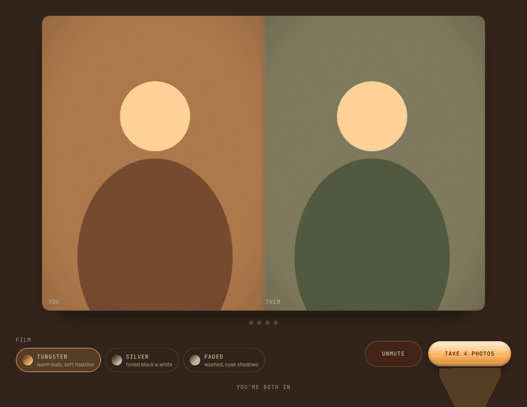 Two example camera feeds side by side, with the film look picker, Unmute, and Take 4 photos controls below