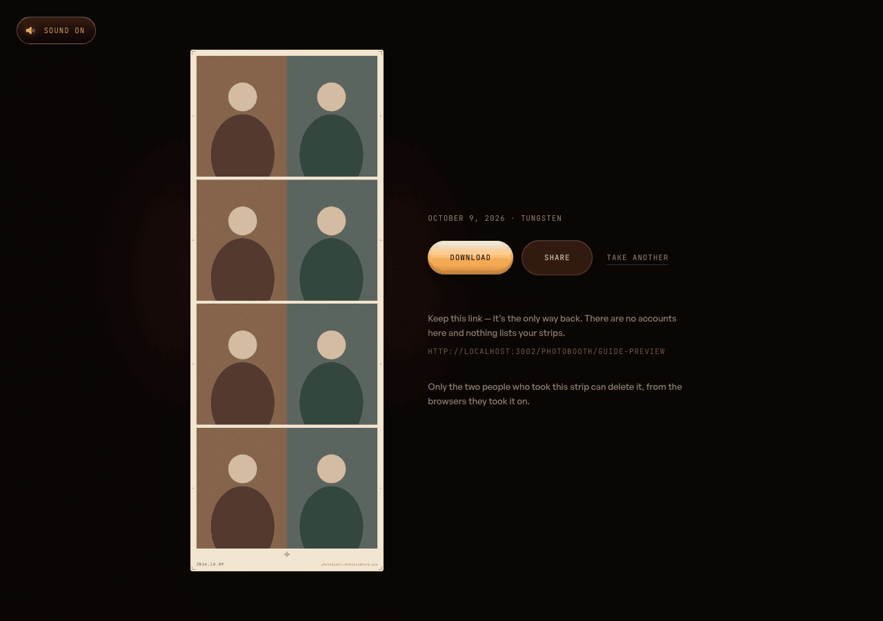 Finished example strip page with Download, Share, and Take another controls